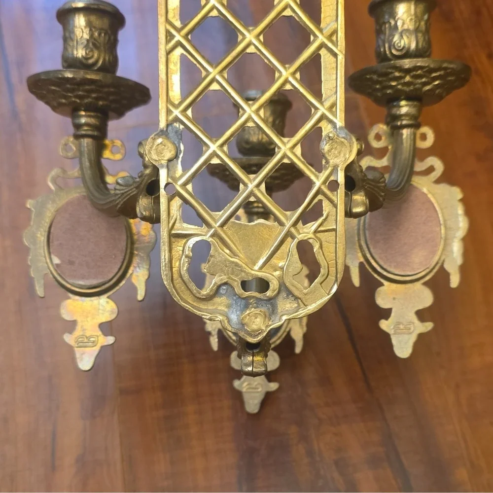 Pair of Vintage French Brass 3-Arm Wall Sconces, Rococo RevivalSigned Fragonard